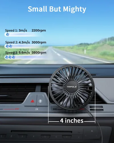 Vista 3 de TriPole Ventilador de coche alimentado por USB, potente 3 velocidades, ventilador de clip de enfriamiento portátil para ventilación del automóvil