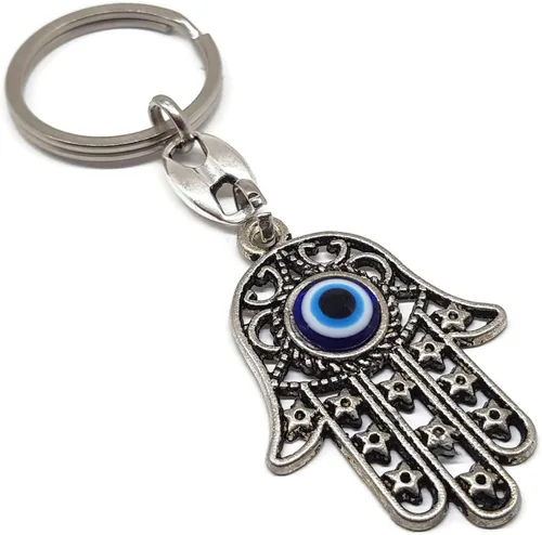 Vista 3 de Mystic Jewels Llavero Hamsa de la mano turca de Fátima Hamsa - Colgante de buena suerte - Llavero de buena suerte - Regalo, plateado