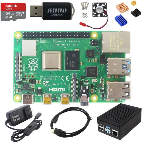 Vista 8 de DIGISHUO Raspberry Pi 4B Modelo B 4GB RAM Kit de bricolaje con estuche Ventilador de refrigeración Pi Tarjeta SD San Disk 64G Micro-SD Cable