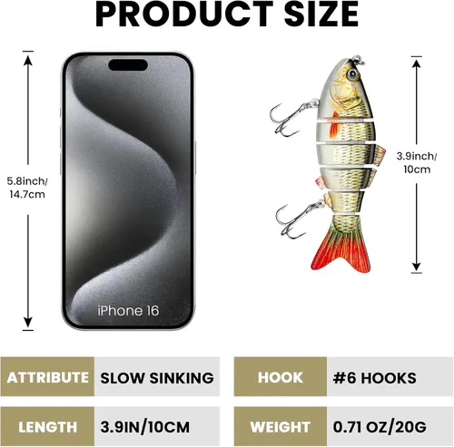 Vista 5 de Bass Fishing Lure for Freshwater and Saltwater Lifelike Fishing Lures Multi Jointed Swimbait for Bass Trout Crappie Walleye Pike Fishing Gifts for