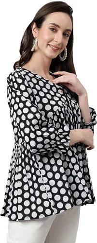 Vista 6 de Janasya Top Peplum de algodón negro con estampado de lunares para mujer india