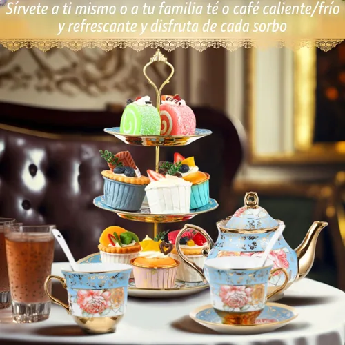 Vista 7 de Maxcheck Juego de 21 piezas para fiesta de té para adultos, juego de té floral europeo con soporte de metal y soporte de pastel de cerámica de 3