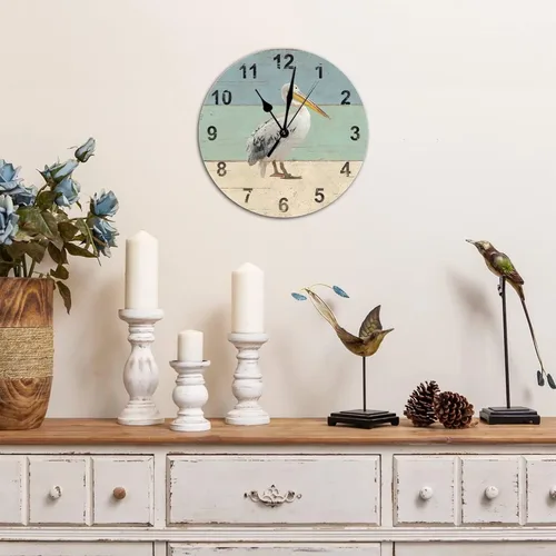 Vista 3 de Reloj de pared redondo de madera estilo rústico y elegante, estilo retro, con números arábigos Pelícano, silencioso, sin tictac, funciona
