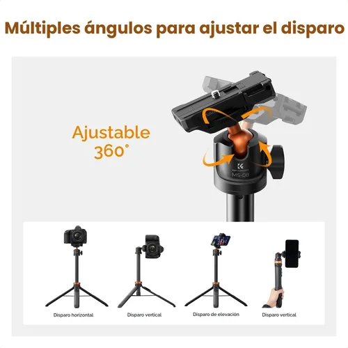 Vista 5 de K&F CONCEPT Palo de Selfie Trípode para Teléfono de 62 pulgadas, 2 en 1, ligero y extensible, soporte de trípode para teléfono celular con control