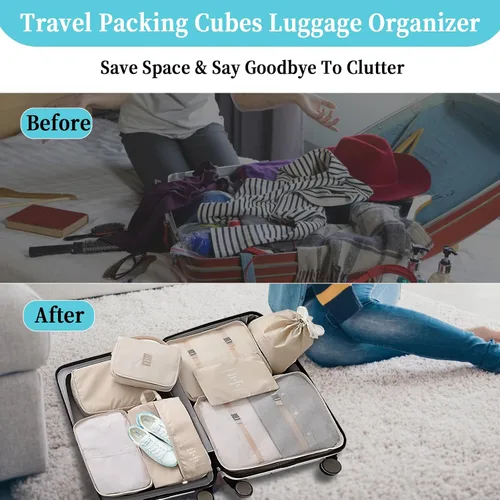 Vista 4 de labato Juego de 8 cubos de embalaje para viajes, bolsas organizadoras de equipaje portátiles, juego de bolsas organizadoras plegables para maleta