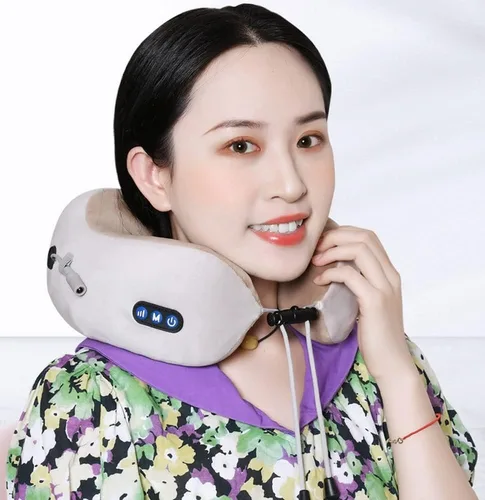 Vista 5 de Almohada de viaje, almohada de cuello de espuma viscoelástica, funda cómoda y transpirable, kit de viaje en avión con función de vibración de Rosa