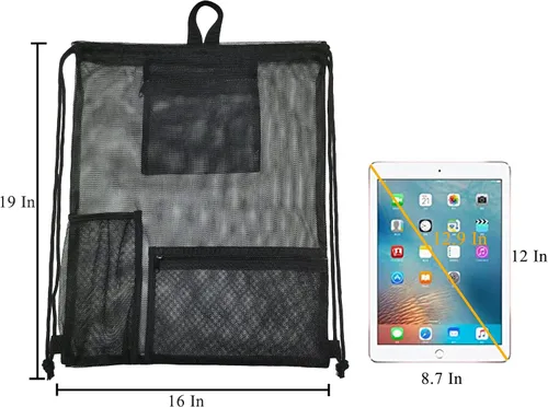 Vista 4 de Heavy Duty Drawstring Mesh Bag, Gym Backpack Sports String Bag with Bottle Holder for Balls, Swiming, Beach Toys