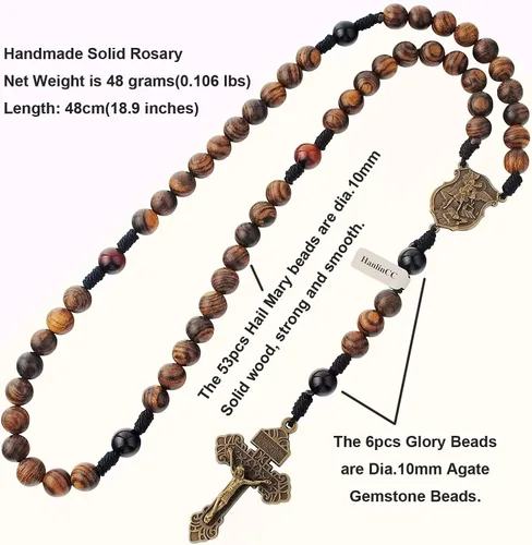 Vista 2 de HanlinCC Cuentas de madera maciza hechas a mano de 0.394 pulgadas con piedra de ágata, collar de rosario católico para hombres con pieza central