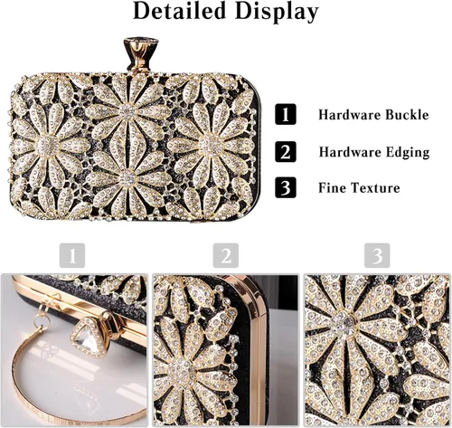 Vista 4 de Bolso de noche con flores de diamantes de imitación para mujer, monedero de lentejuelas brillantes, bolso de mano de cristal, bolso de hombro