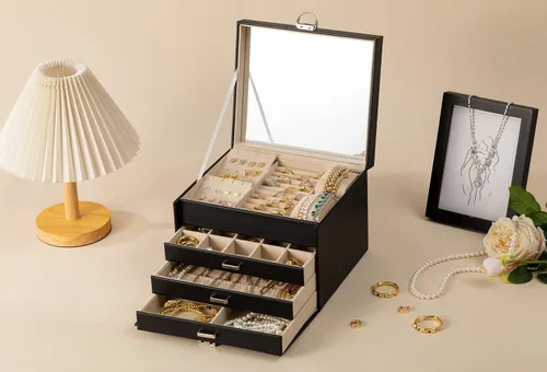 Vista 7 de PABBEU Joyeros para mujer, 4 capas, organizador de joyas negro con espejo y cerradura, 3 cajones, organizador grande de joyas para mujeres y niñas