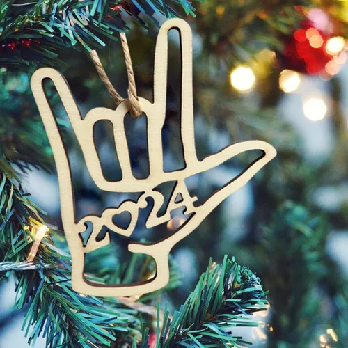 Vista 5 de Adorno de Navidad con texto en inglés «I Love You» ASL, adorno de Navidad, recuerdo de madera, regalo para padre, madre, amor, marido, esposa, hijo
