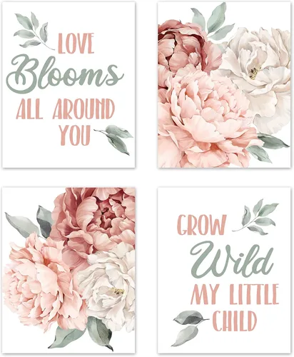 Vista 9 de Sweet Jojo Designs Impresiones artísticas de pared de hojas florales rosas y blancas rubor, decoración de habitación para bebés, guardería y niños