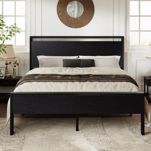 Vista 14 de Base de cama Allewie de tamaño individual con cabecero y pie de cama de madera, soporte de listones de metal resistentes, no requiere somier