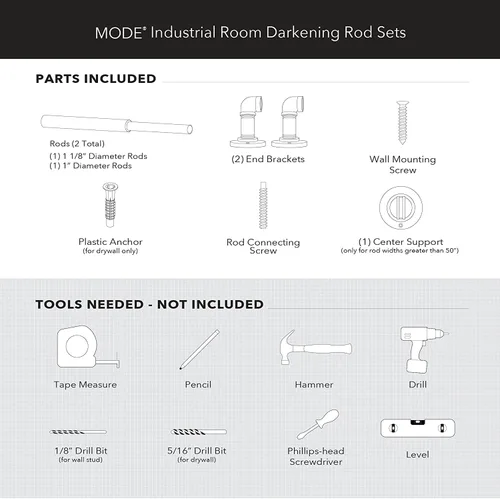 Vista 5 de MODE Colección Industrial de Barras de Cortina Oscurecedoras de 1 1/8" de Diámetro con Barra de Cortina Ajustable Montada en Pared de Acero, Bloquea