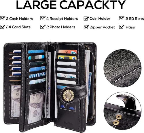 Vista 4 de INSIFEEL Billetera pequeña para mujer, bolso compacto de cuero con bloqueo RFID RFID para mujer, Negro, Retro