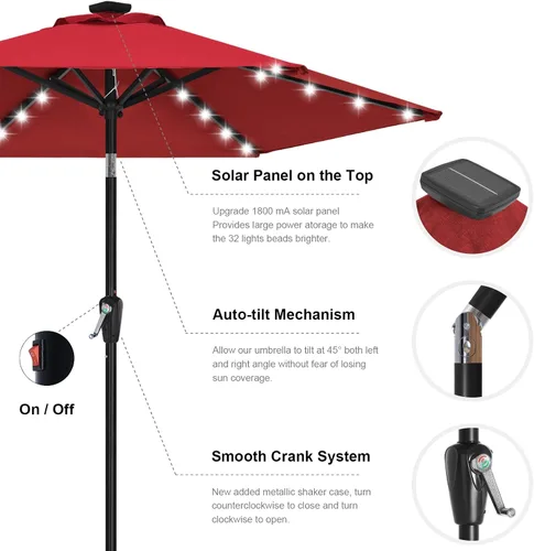 Vista 8 de ABCCANOPY Sombrillas solares duraderas para patio con 24 luces LED de 7.5 pies con 6 varillas resistentes (borgoña)