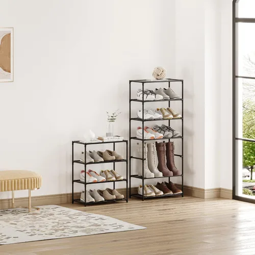 Vista 6 de Zapatero pequeño de 6 a 8 pares de estantes resistentes para zapatos de 4 niveles, organizador de zapatos estrecho apilable, estantes ligeros