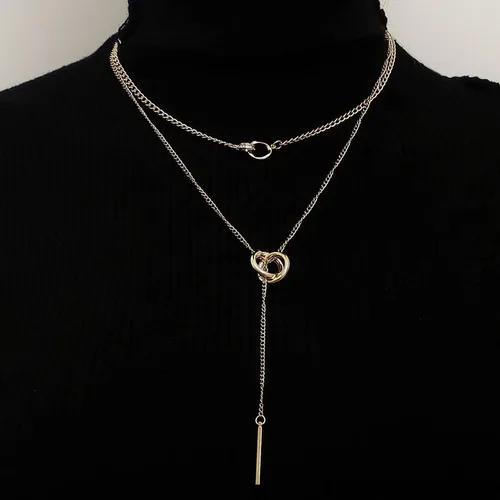 Vista 3 de Collar de cadena Lariat en capas de oro, collar de círculo entrelazado con cadena larga de barra de lariat, collar de doble anillo con colgante