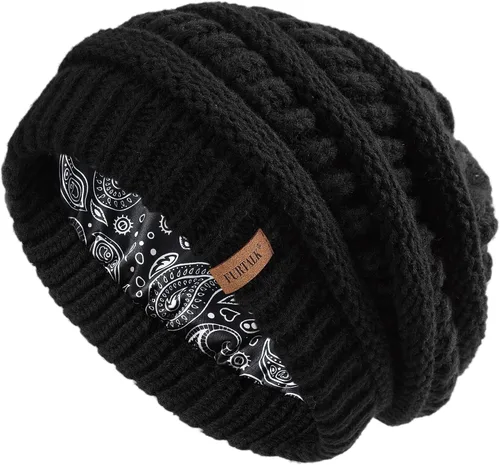 Vista 63 de FURTALK Gorro de invierno para mujer, con forro de satén, tejido trenzado, grueso, holgado, gorro cálido