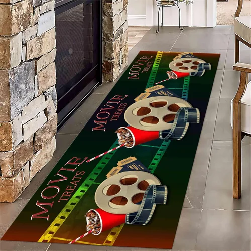 Vista 14 de Alfombra retro de cine en casa, 1.3 x 7 pies, patrón clásico de tablilla negra y carrete de película, alfombra decorativa antideslizante para sala
