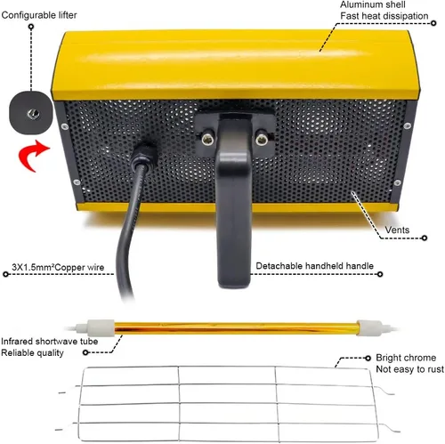 Vista 4 de DATOUBOSS Lámpara portátil de curado de pintura por infrarrojos 2000w Lámpara de horneado de pintura por infrarrojos de mano Luz de calentamiento