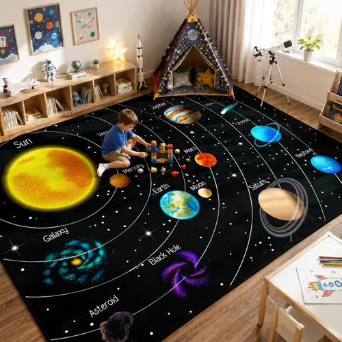 Vista 7 de Alfombra espacial para habitación de niños, alfombra de galaxia para niños, alfombras espaciales para dormitorio de niños, decoración
