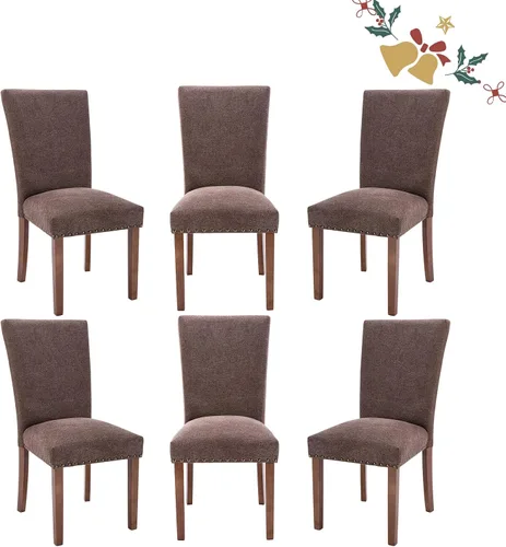 Vista 12 de Juego de 2 sillas tapizadas de tela para comedor, sillas de cocina estilo Parsons con ribete de cabeza de clavo y patas de madera - Beige