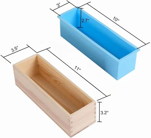 Vista 2 de KEILEOHO Paquete de 2 moldes de silicona para jabón, molde de pan de jabón de 42 onzas con caja y cubierta de madera, moldes de jabón rectangulares