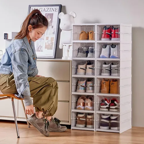 Vista 9 de GUDEMAY Caja de almacenamiento de zapatos con tapa frontal, sin montaje, apilable, organizador de zapatos con puerta transparente, estante