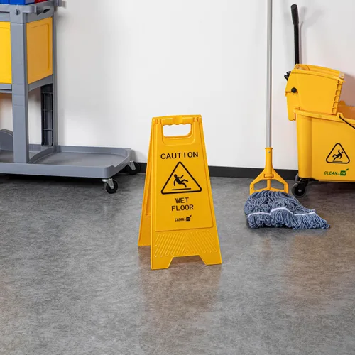 Vista 7 de Restaurantware RW Clean 11.8 x 2 x 24.4 pulgadas, 1 letrero de precaución de doble cara, mango integrado, plegable, de plástico, amarillo, para uso