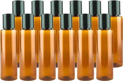 Vista 15 de Botellas de plástico ámbar (paquete de 12) – Botella de plástico ámbar de 1 onza con tapas de rosca; se utiliza como champú reutilizable, loción