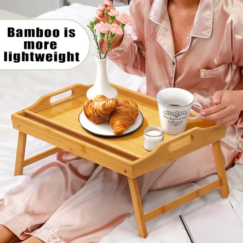Vista 6 de Mesa Bandeja para Cama Bandejas de Desayuno Bandeja de Servir Altura Ajustable para Comer Cama de Bambú Laptop Plegable Patas con Asas y Soportes