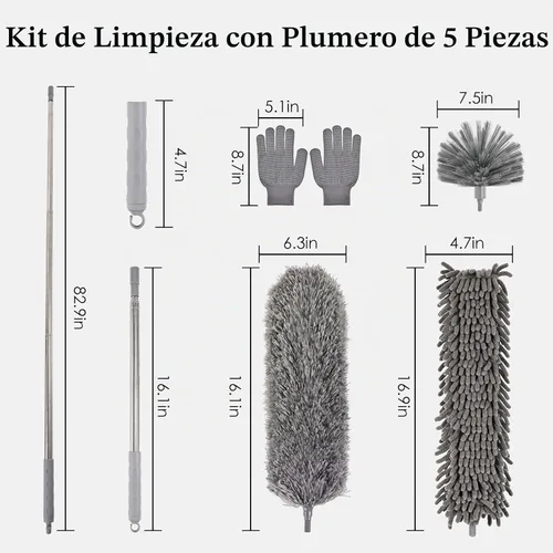 Vista 3 de Kit de plumero de microfibra 5 en 1 con poste de extensión, juego de plumero de limpieza lavable con 3 cabezales de plumero, plumero de telaraña