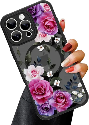 Vista 7 de OOK Funda magnética para iPhone 13 Pro Max [compatible con MagSafe] Funda delgada translúcida mate con flor silvestre negra, protección para lente