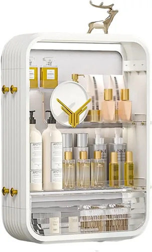 Vista 9 de JATIBOSH Organizador de cosméticos montado en la pared, estante de tocador para el hogar, sin perforación, productos para el cuidado de la piel