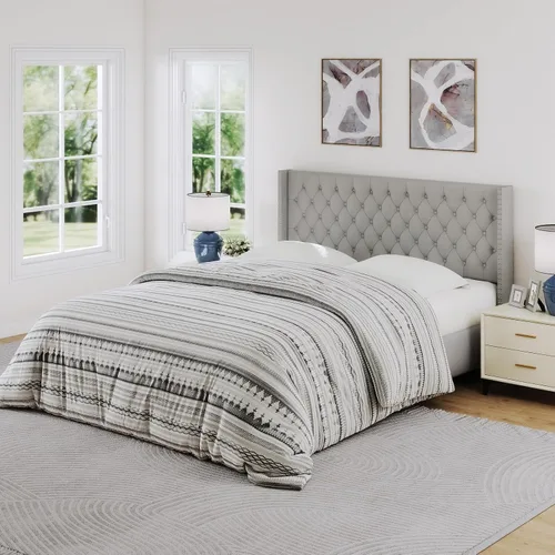 Vista 3 de Furpopup Cabecero Solo Tamaño Queen, Cabecero de Montaje en Pared en Forma de Ala Tamaño Queen para Cama Ajustable con Relleno de Espuma de Alta Gris
