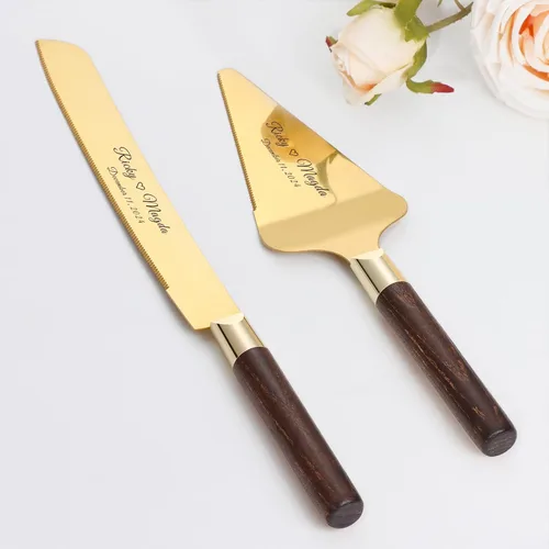 Vista 9 de Juego de corte de pasteles personalizado para bodas, cuchillos de pastel y servidor, grabado gratis, cortador de pastel de postre de madera Plateado