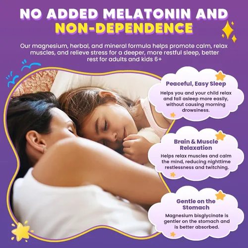 Vista 4 de Gomitas de glicinato de magnesio 400/200 mg para niños y adultos, sin melatonina para dormir, suplemento de magnesio con manzanilla, lavanda