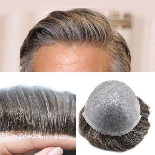 Vista 23 de Toupee - Sistema de reemplazo de cabello humano 100% europeo Remy, 0.002 in, piel ultrafina, pelo de poliuretano para hombre, línea capilar en V