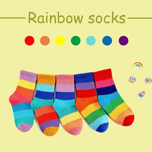 Vista 4 de Calcetines de algodón sin costuras para niñas, calcetines casuales para la escuela, con rayas arco iris, paquete de 5