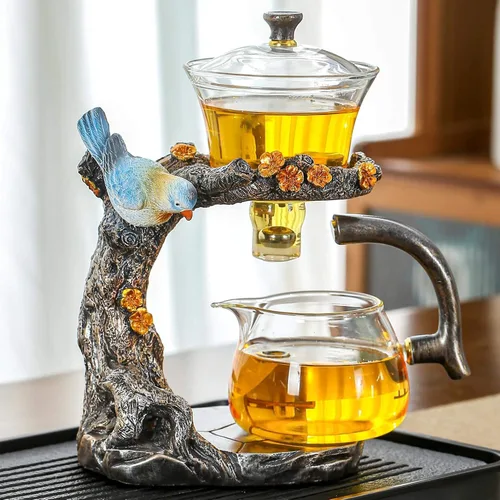 Vista 8 de Zurucily Juego de tetera de cristal Kungfu con infusor Juego de té semiautomático (naranja pájaro)