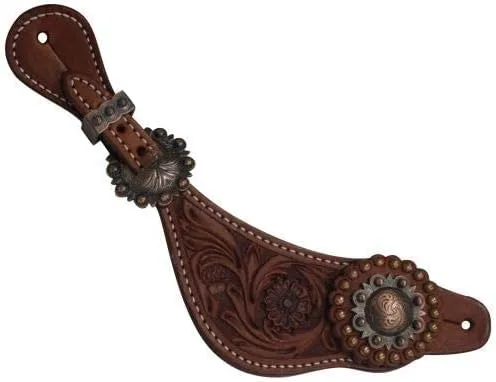 Vista 4 de Showman Señoras Tamaño Argentina Cuero Vaca Floral Tooled Spur Correas w/Cobre Conchos