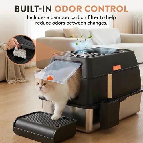 Vista 2 de Caja de arena XL de acero inoxidable para gatos con recinto y rastrillo - Caja de arena negra duradera de metal para gatos grandes, lados altos