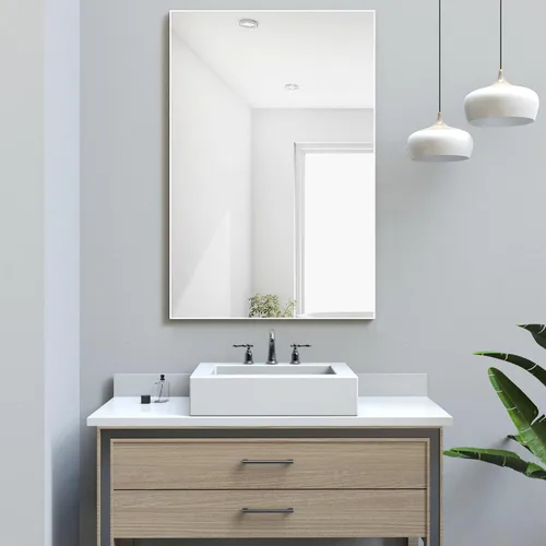 Vista 23 de Espejo de pared con estante para baño, 28 x 18 pulgadas, marco negro, espejos de pared para colgar horizontal o vertical, espejos modernos de pared
