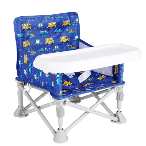 Vista 8 de Silla de bebé portátil, asiento elevador plegable con bandeja para mesa de comedor, silla de camping compacta para césped, playa, viajes, bebés de 6
