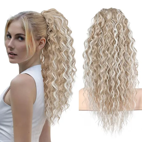 Vista 14 de Flufymooz Extensión de cola de caballo, 22 pulgadas, estilo bohemio, con cordón, extensiones de cabello para mujer, cola de caballo larga, rizada