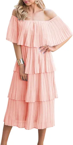 Vista 4 de ETCYY Vestido largo de gasa con volantes y hombros descubiertos para mujer, para invitada de boda, holgado, casual, para fiesta, playa, vestido largo