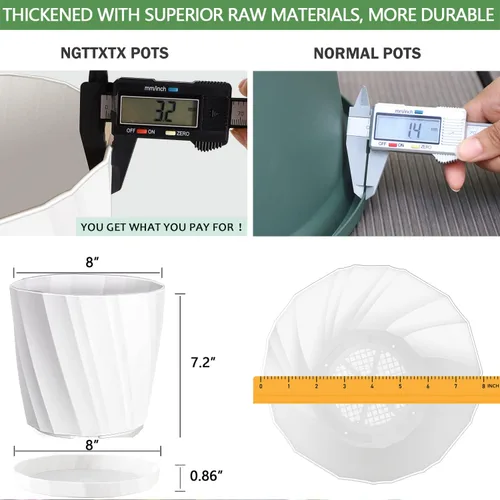 Vista 5 de Macetas de 8 pulgadas con agujeros de drenaje y platillos - Macetas para plantas de interior - Macetas de plástico blanco para plantas al aire libre