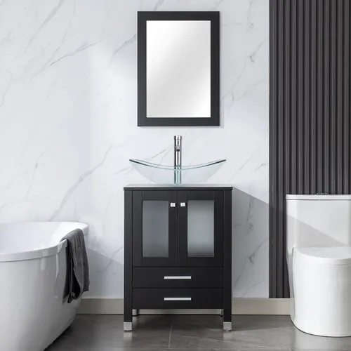 Vista 16 de LUCKWIND Combinación de tocador de baño de 24 pulgadas con lavabo, serie elegante con marco pintado, armario de almacenamiento de baño de dos