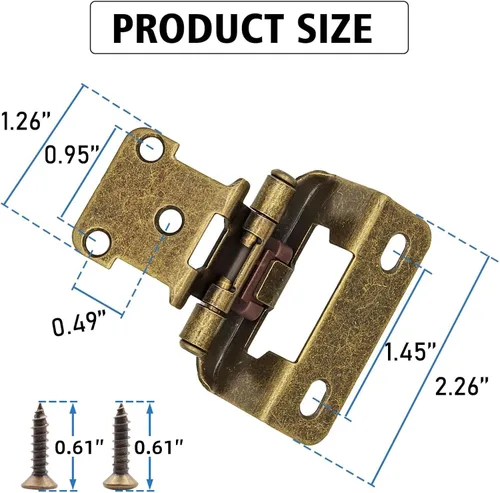 Vista 3 de Bisagras de latón antiguas para puerta de gabinete de cocina, paquete de 8 (4 pares) 1/2" Bisagra de superposición parcial de cierre automático